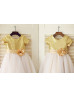 Short Sleeves Gold Sequin Ivory Tulle Knee Length Flower Girl Dress